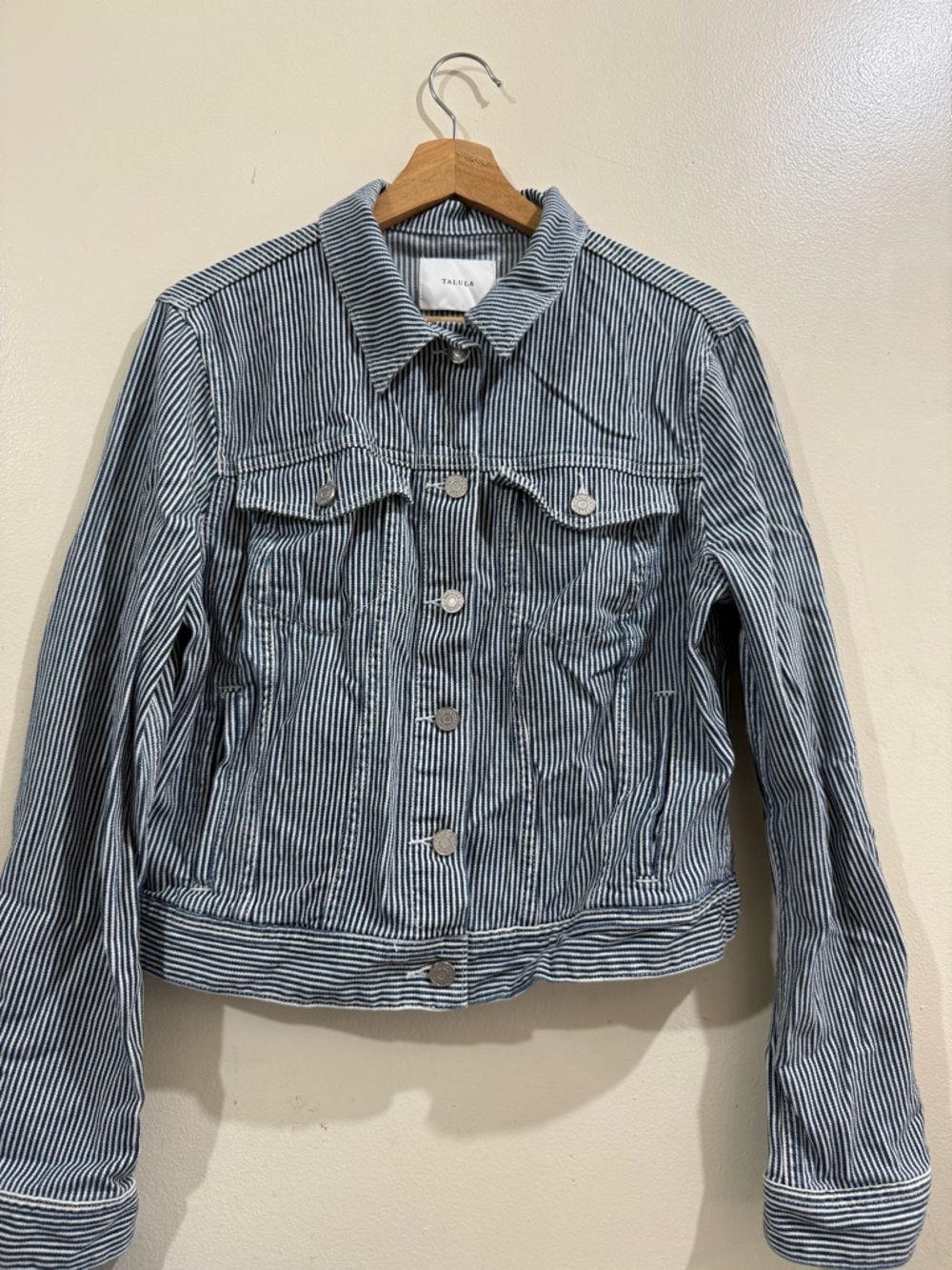 Talula Navy and White Pinstripe Denim Jacket